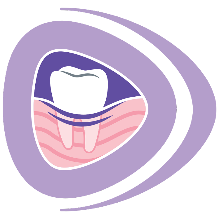 Ein medizinisches Symbol eines Zahns im Zahnfleisch mit violetten Wellenlinien zur Darstellung von Schutz oder Behandlung vor einem lila Hintergrund.